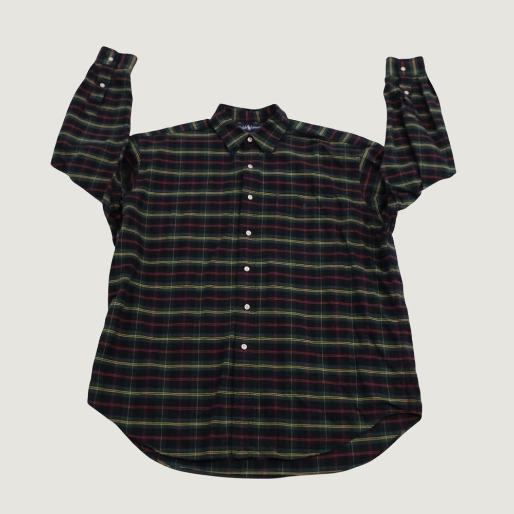 Ralph Lauren Button Down Shirt Mens Green Plaid Big Shirt Preppy L Long Sleeve